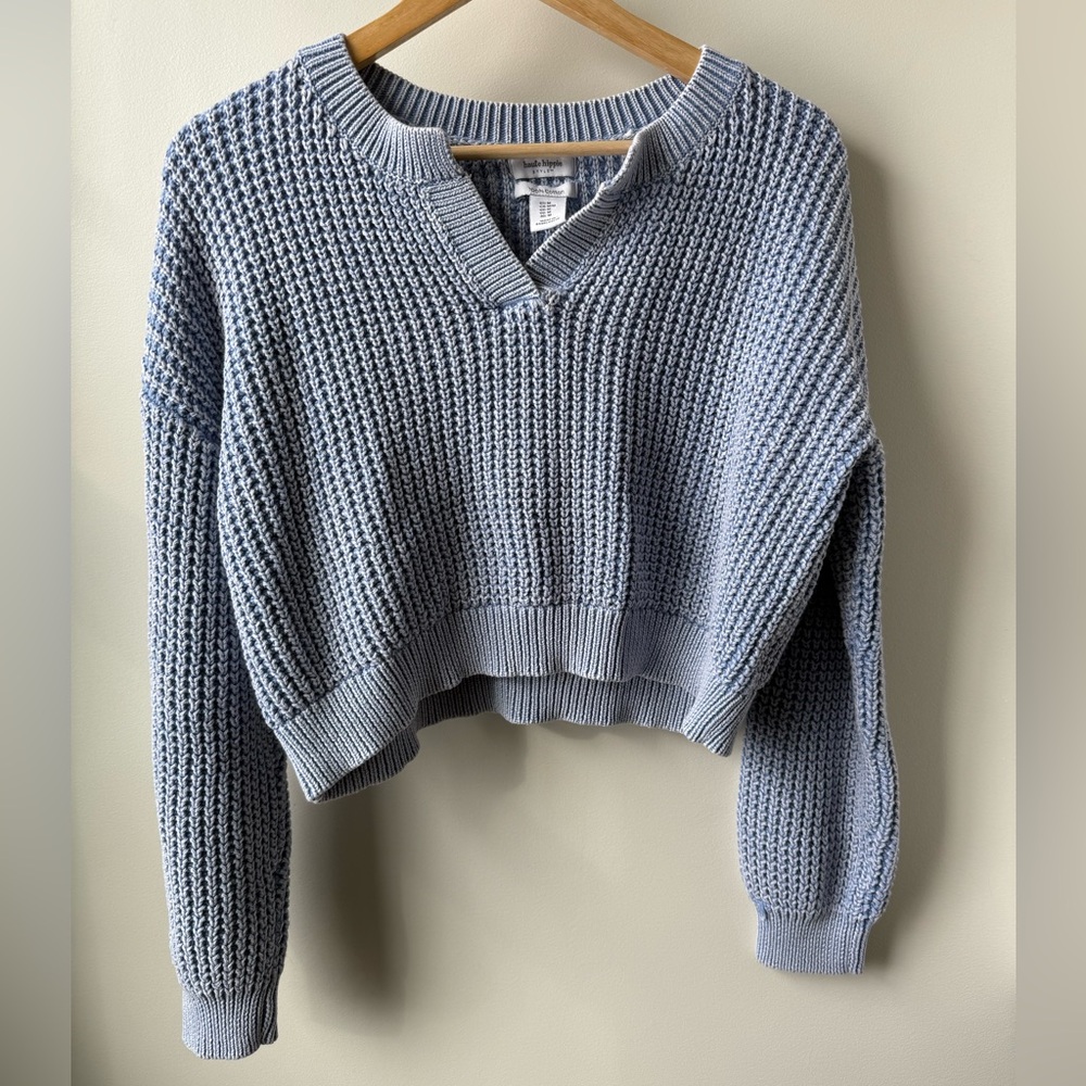 HAUTE HIPPIE Cotton Cropped Boxy Ribbed‎ Sweater Boho Beachy Relaxed Fit Blue M
